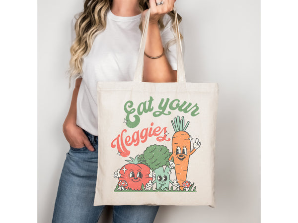 Eat your Veggies Tote Bag Gift Idea Retro Healthy Eating Nature Eco friendly Grocery Bag Farmer Market Library Bag Reusable Vegetarian Vegan