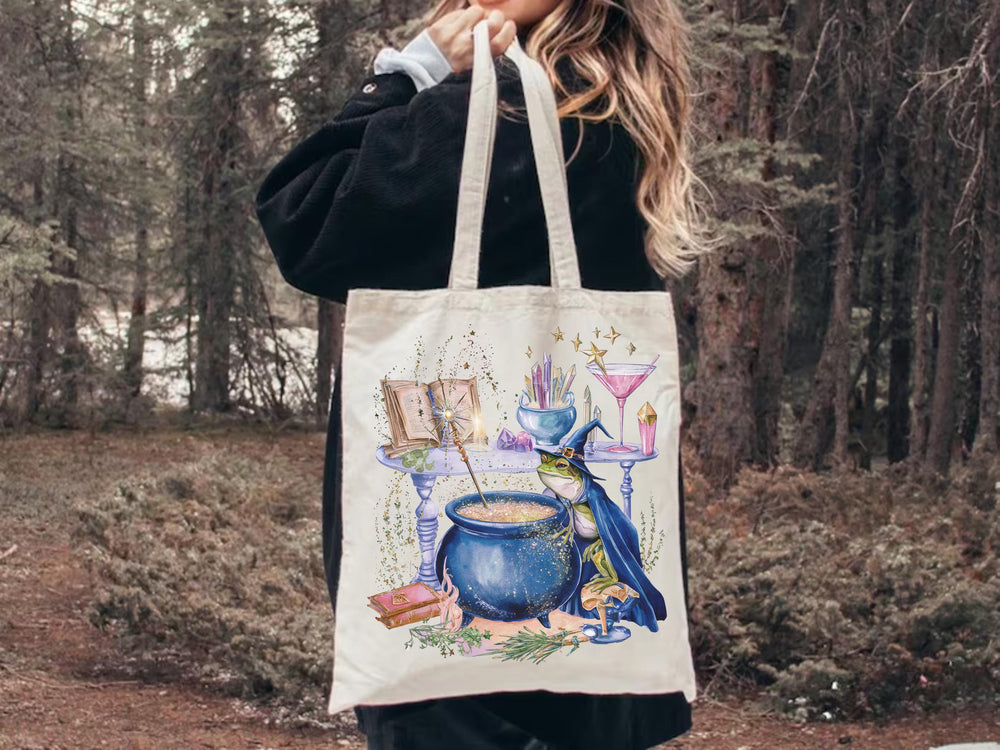 Organic Halloween Spooky season Tote Bag Gift Witch Frog Eco friendly Witchcraft Grocery Bag School Bag Retro Vintage Funny Animal Reusable