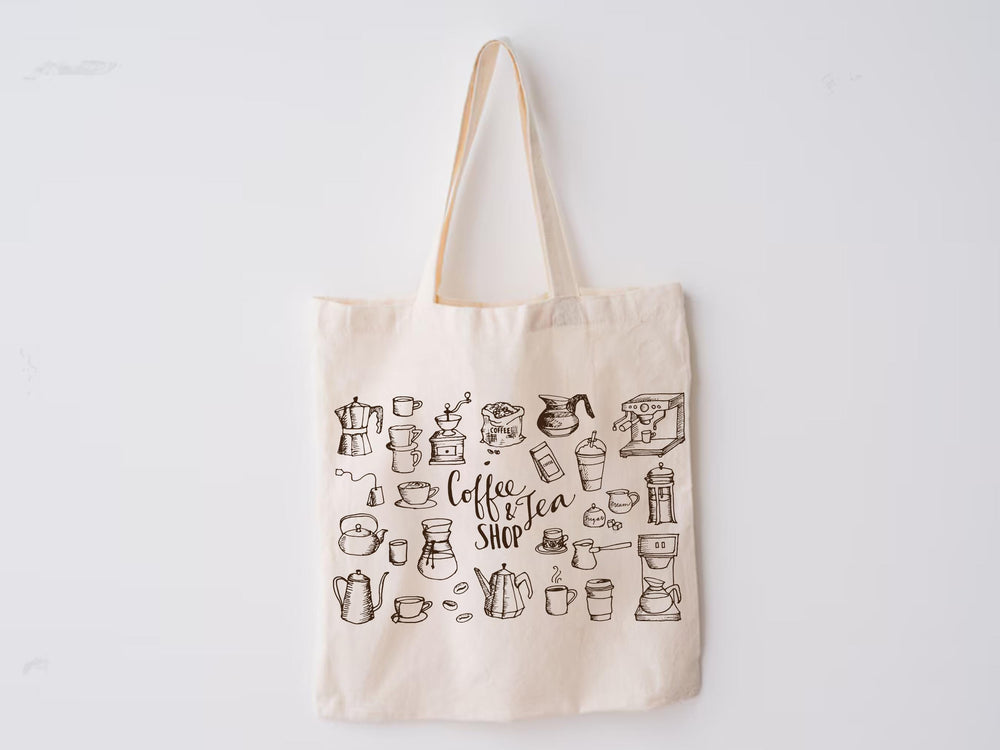 Organic Cafe Hand Drawn Coffee Lover Tea Tote Bag Gift Idea Cross Hatch Sketched Eco Grocery Bag Library Bag Coffee Shop Wedding Reusable