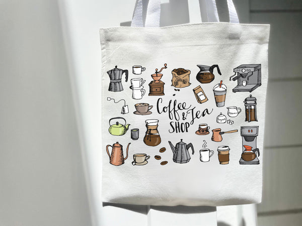 Organic Cafe Hand Drawn Coffee Lover Tea Tote Bag Gift Idea Cross Hatch Sketched Eco Grocery Bag Library Bag Coffee Shop Wedding Reusable