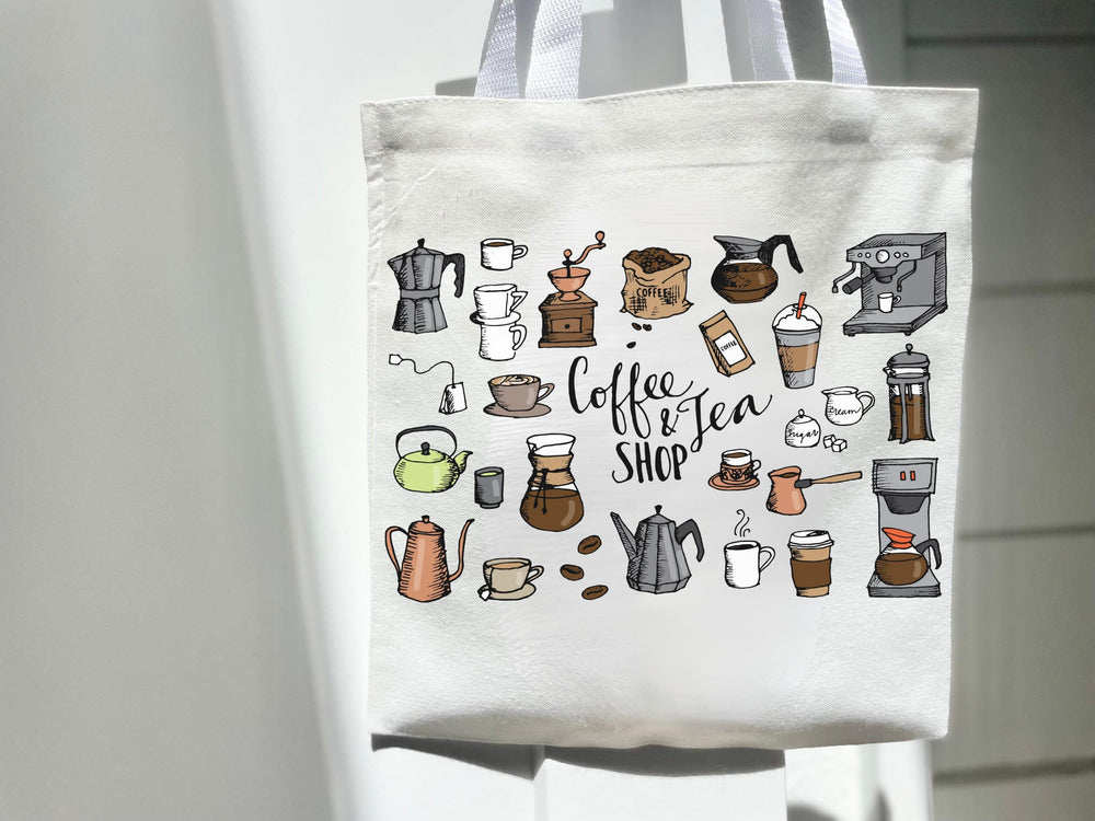 Cafe Coffee Lover Tote Bag – Hand Drawn Tea Shop Gift Eco Friendly