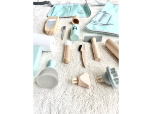 Eco Friendly Wooden 18pc Hair Dresser Boy Play Set Kid Hair Salon Kit Pretend Play Toy Gift for Girl Toy Natural Non Plastic Sustainable