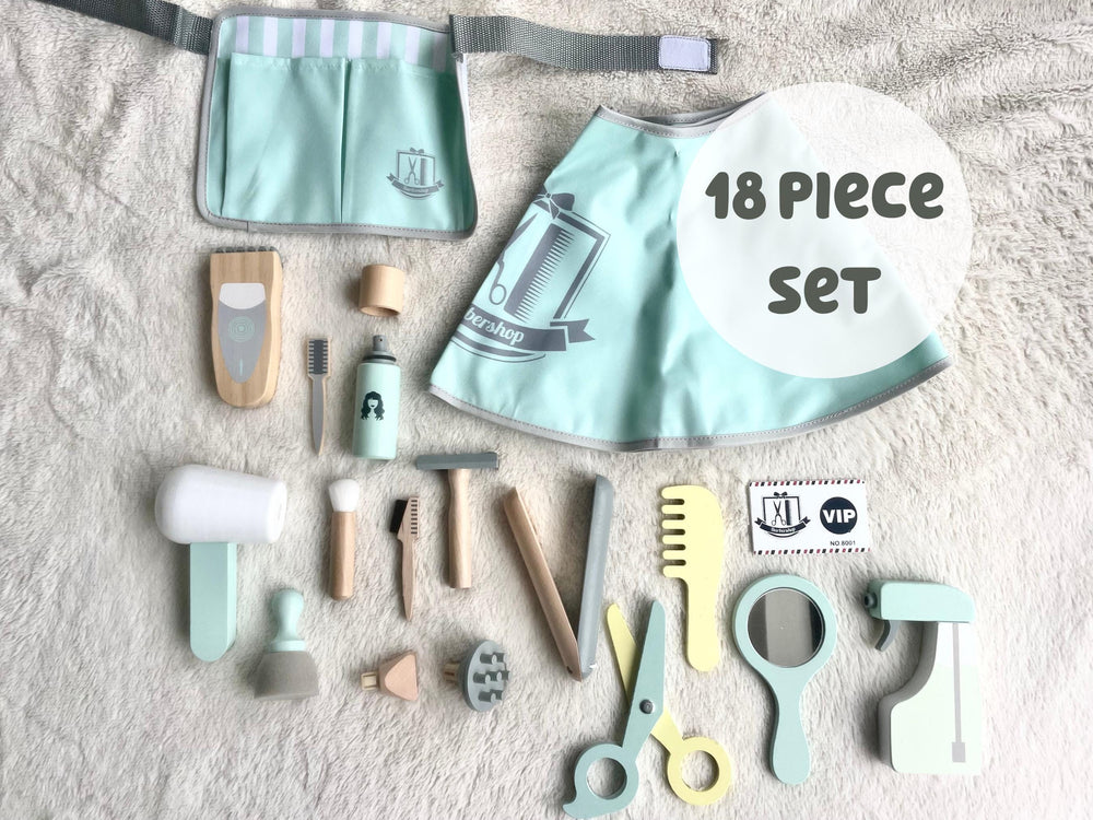 Eco Friendly Wooden 18pc Hair Dresser Boy Play Set Kid Hair Salon Kit Pretend Play Toy Gift for Girl Toy Natural Non Plastic Sustainable