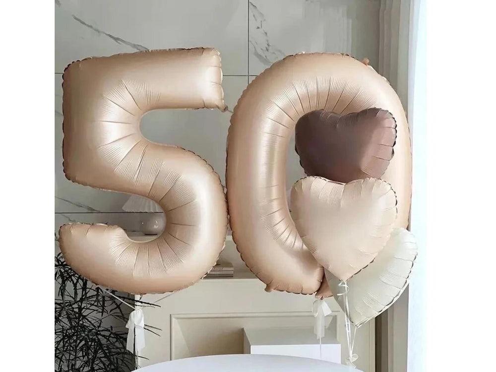LARGE 40" Boho 50th Birthday Balloon Decor Fifty Year Beige Matte Heart Balloon Carmel Foil Party Decoration Second Party 50 Year Anniversar