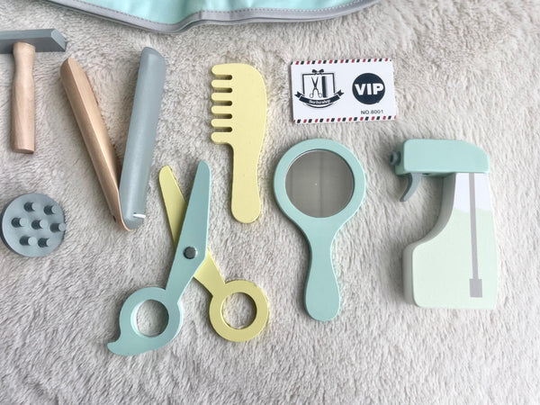 Eco Friendly Wooden 18pc Hair Dresser Boy Play Set Kid Hair Salon Kit Pretend Play Toy Gift for Girl Toy Natural Non Plastic Sustainable