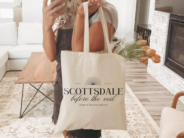 Desert Scottsdale Before the Veil Bachelorette Party Present Tote bag Western Location Custom Name 2025 Wedding Personalized Cactus Trendy