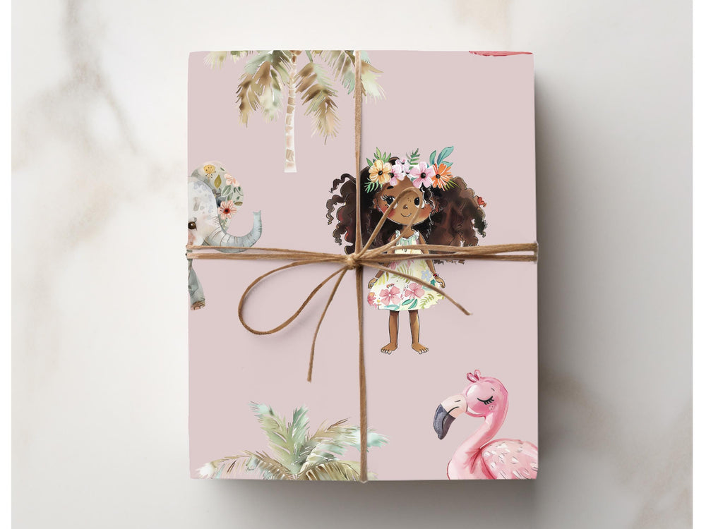 Jungle Theme Birthday Girl Gift Wrap African American Beauty Wrapping Paper Summer Celebration Paper Tropical Dusty Pink Baby Shower Kraft