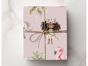 Jungle Theme Birthday Girl Gift Wrap African American Beauty Wrapping Paper Summer Celebration Paper Tropical Dusty Pink Baby Shower Kraft