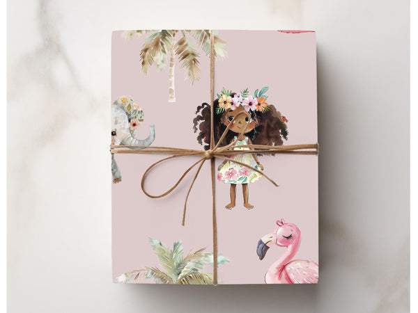 Jungle Theme Birthday Girl Gift Wrap African American Beauty Wrapping Paper Summer Celebration Paper Tropical Dusty Pink Baby Shower Kraft