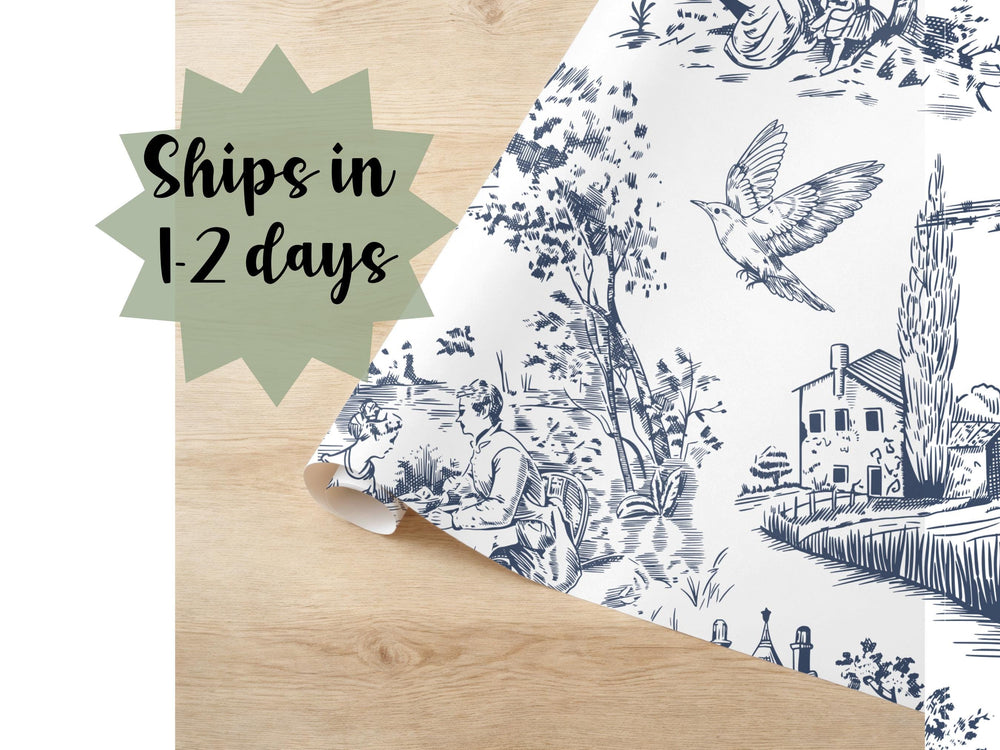 Cottage Wrapping Paper Toile Dark Blue Gift Wrap Vintage Present Covering Birthday Party Minimalist Wedding Wrap Roll Anniversary Occasion