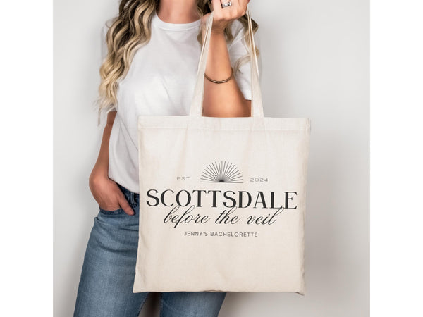 Desert Scottsdale Before the Veil Bachelorette Party Present Tote bag Western Location Custom Name 2025 Wedding Personalized Cactus Trendy