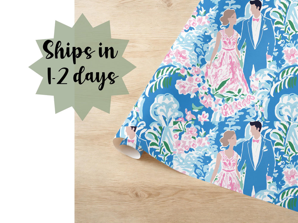 Preppy Wedding Gift Wrap Blue and Pink Getting Married Wrapping Paper Bridal Shower Trendy Party Ceremony Bachelorette Wrap Roll Celebration