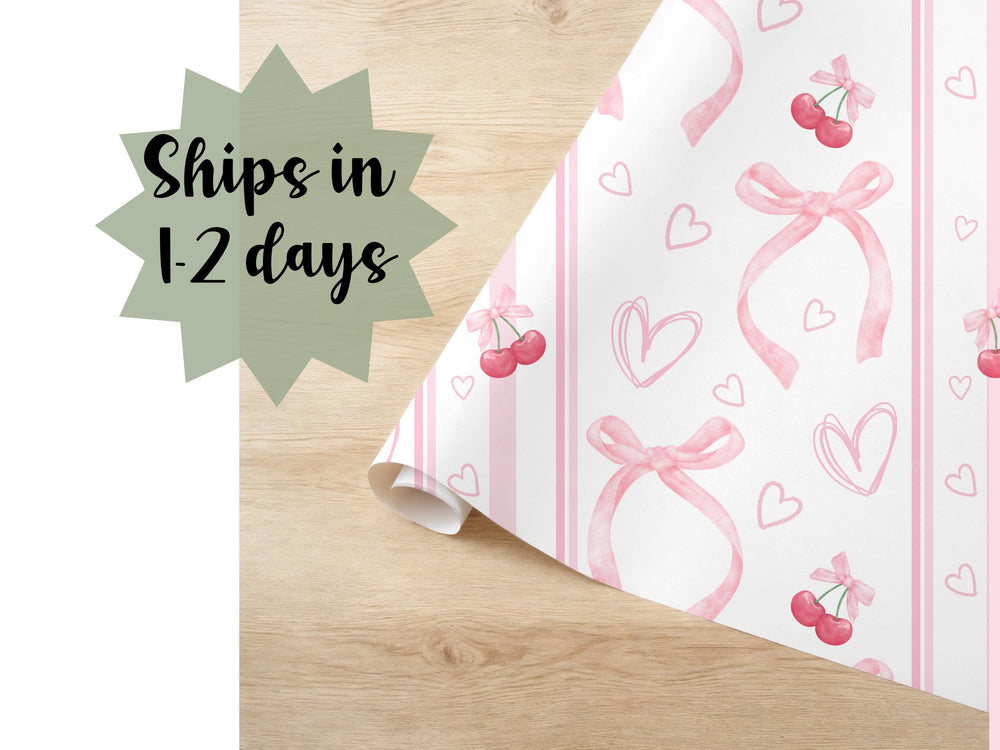 Heart Pattern Cherry Gift Wrap Coquette Bow Wrapping Paper Soft Pink Fruit Girl Birthday New Baby Shower Decorative Paper Bachelorette Roll