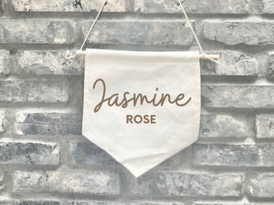 Personalized Fabric Brown Canvas Wall Hanging Sign Banner Boho Custom First Name Middle Pennant Nursery Stick Wooden New Baby Shower Girl