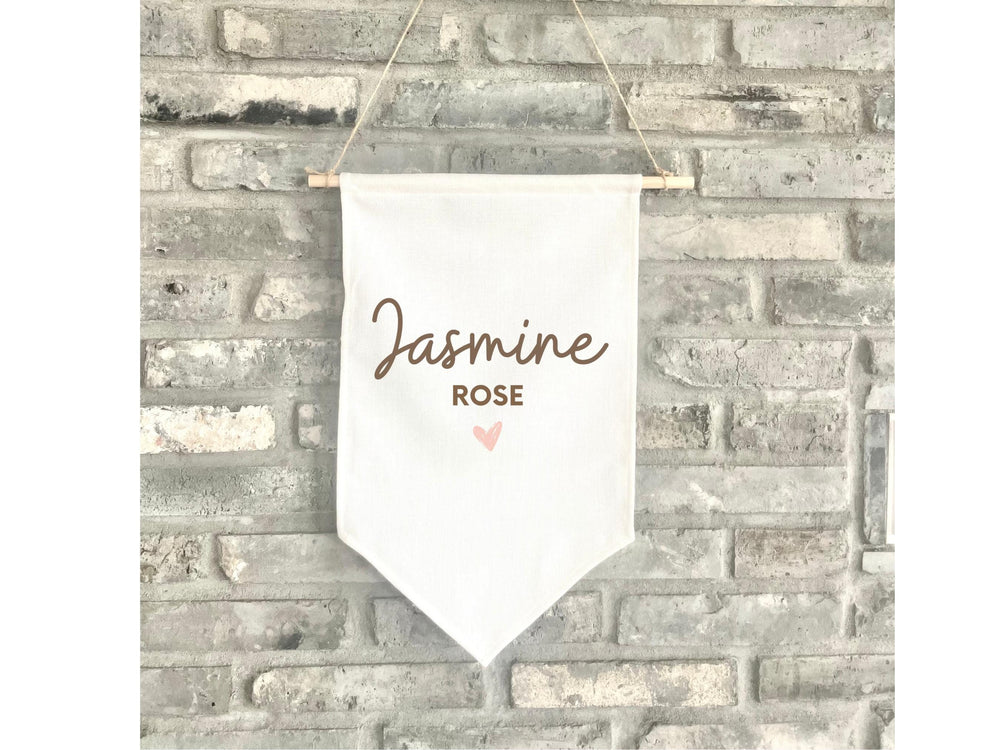 Personalized Fabric Canvas Wall Hanging Sign Banner Boho Custom First Name Middle Pennant Nursery Wooden Baby Shower Girl 15x19" Pink Heart