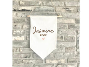 Personalized Fabric Canvas Wall Hanging Sign Banner Boho Custom First Name Middle Pennant Nursery Wooden Baby Shower Girl 15x19" Pink Heart