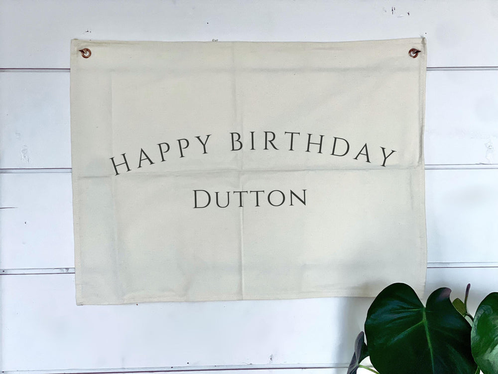 Personalized Happy Birthday Name Boy Fabric Canvas Wall Hanging Sign Eco Friendly Banner Boho Decor  Nursery Flag Heirloom Children 17x25"