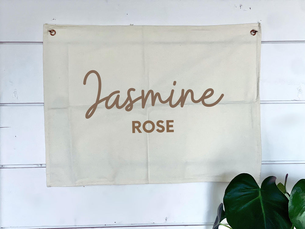 Personalized First Name Middle Girl Cursive Brown Fabric Canvas Wall Hanging Sign Eco Friendly Banner BohoDecor Nursery Flag Heirloom Shower