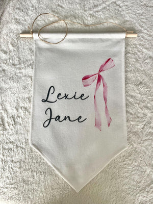 Personalized Fabric Pink Coquette Bow Canvas Wall Hanging Sign Banner Boho Custom First Name Middle Pennant Nursery Stick Wooden Baby Shower