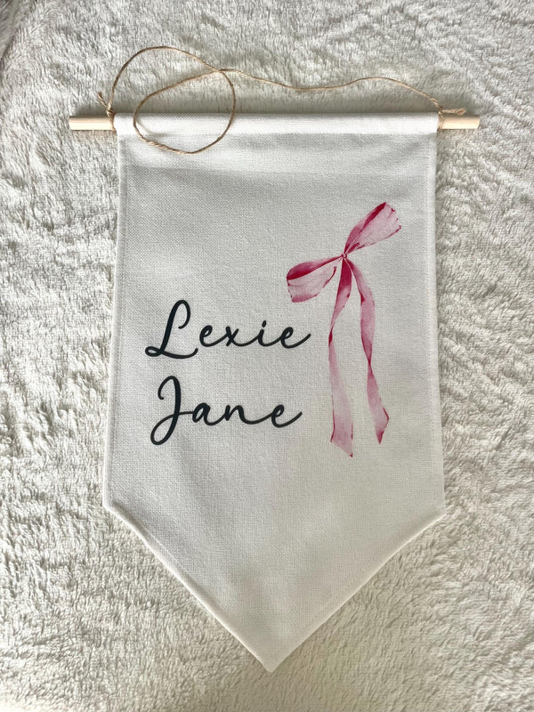 Personalized Fabric Pink Coquette Bow Canvas Wall Hanging Sign Banner Boho Custom First Name Middle Pennant Nursery Stick Wooden Baby Shower