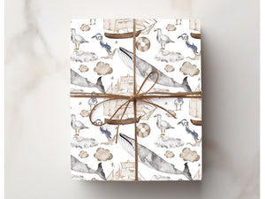 Saylor Whale Cream Grey Pattern Seagal Gift Wrapping Paper Birthday Paper Wrap Boat Nautical Theme Present Gift Wrap Roll Sailboat Blue idea