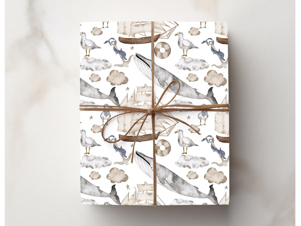 Saylor Whale Cream Grey Pattern Seagal Gift Wrapping Paper Birthday Paper Wrap Boat Nautical Theme Present Gift Wrap Roll Sailboat Blue idea