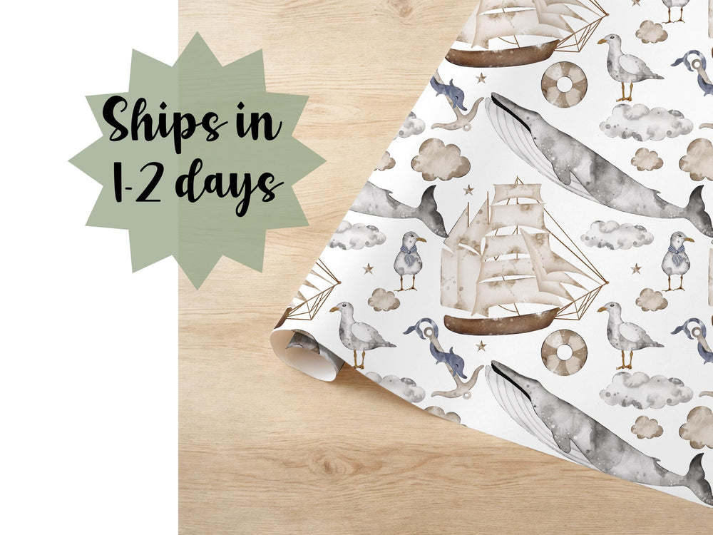 Saylor Whale Cream Grey Pattern Seagal Gift Wrapping Paper Birthday Paper Wrap Boat Nautical Theme Present Gift Wrap Roll Sailboat Blue idea