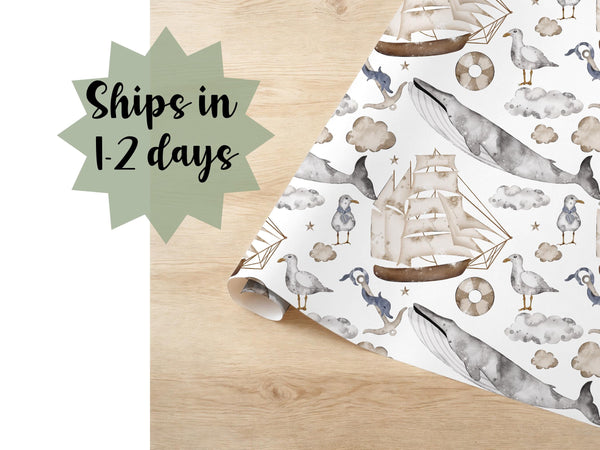 Saylor Whale Cream Grey Pattern Seagal Gift Wrapping Paper Birthday Paper Wrap Boat Nautical Theme Present Gift Wrap Roll Sailboat Blue idea