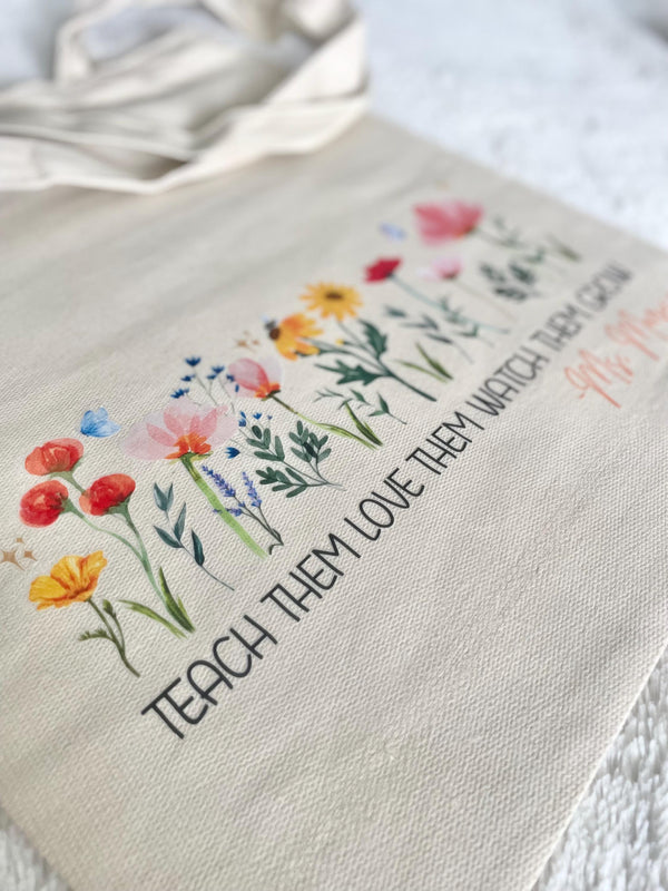 Organic Personalized Trendy Retro Tote Bag Teacher Appreciation Custom Name Present Back to School Gift End of School Daycare Montessori Pre