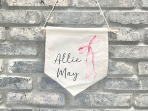 Personalized Fabric Canvas Wall Hanging Sign Banner Boho Custom Name Pennant Nursery Stick Wooden New Baby Shower Coquette Bow Pink Girl