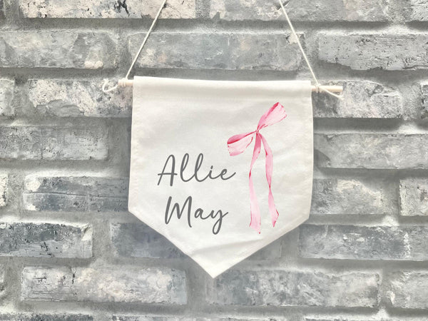 Personalized Fabric Canvas Wall Hanging Sign Banner Boho Custom Name Pennant Nursery Stick Wooden New Baby Shower Coquette Bow Pink Girl