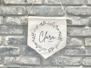 Personalized Fabric Canvas Wall Hanging Sign Banner Boho Custom Name Pennant Nursery Stick Wooden New Baby Shower Floral Girl Sign Birthdate
