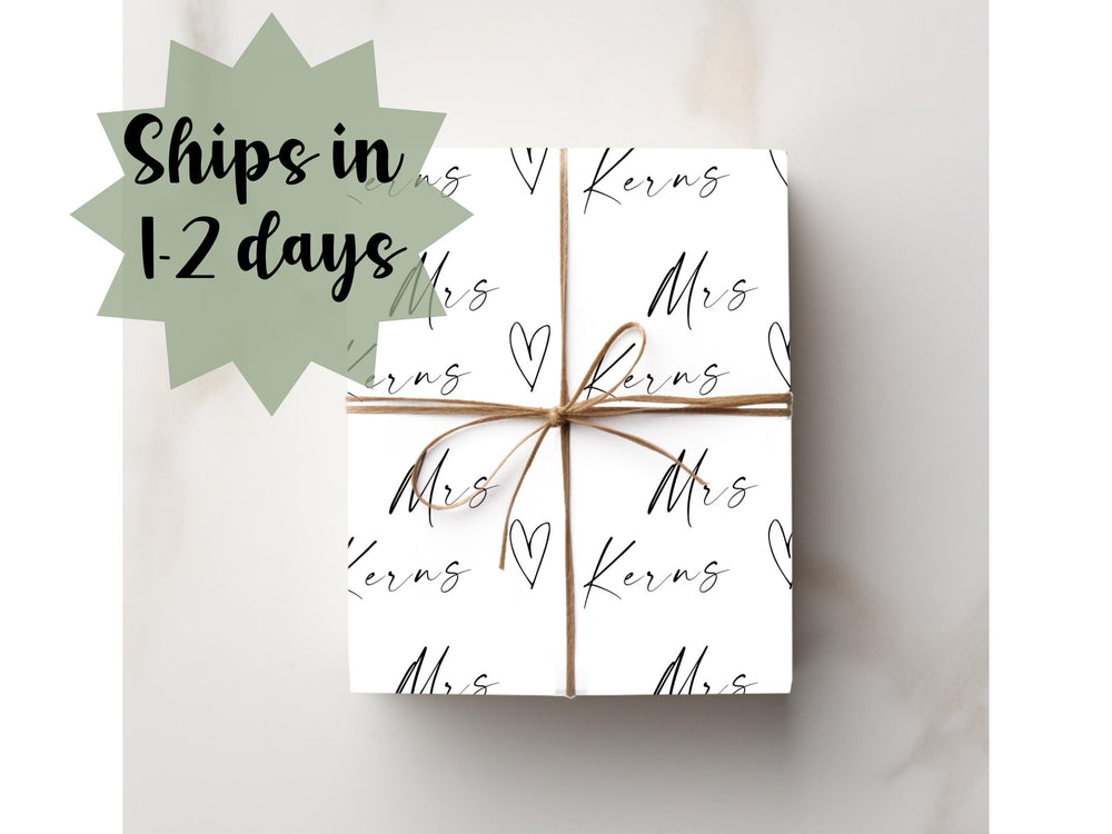 Personalized Name Mrs Minimalist Wrapping Paper Teacher Gift Bridal Shower Gift Wrap Friend Wrapping Best Friend Black White Modern Birthday