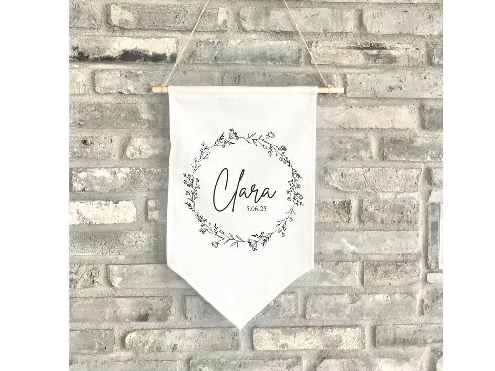 Personalized Fabric White Canvas Wall Hanging Sign Banner Boho Custom First Name Birth Date Pennant Stick Wooden Baby Shower Floral Girl 19"
