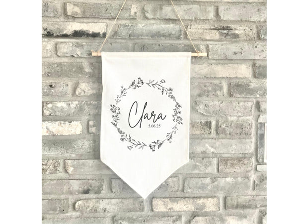 Personalized Fabric White Canvas Wall Hanging Sign Banner Boho Custom First Name Birth Date Pennant Stick Wooden Baby Shower Floral Girl 19"