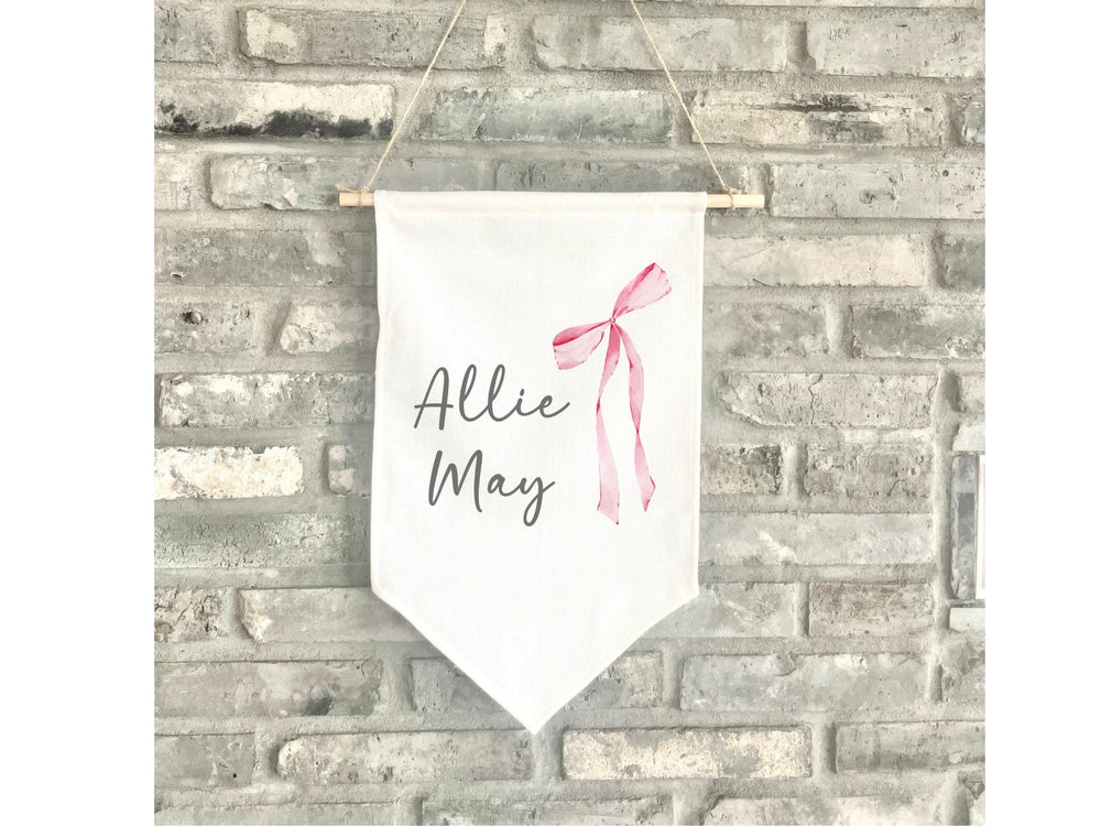 Personalized Fabric Pink Coquette Bow Canvas Wall Hanging Sign Banner Boho Custom First Name Middle Pennant Nursery Stick Wooden Baby Shower