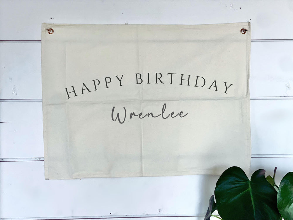 Personalized Happy Birthday Name Girl Fabric Canvas Wall Hanging Sign Eco Friendly Banner Boho Decor  Nursery Flag Heirloom Children 17x25"