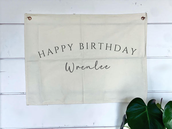 Personalized Happy Birthday Name Girl Fabric Canvas Wall Hanging Sign Eco Friendly Banner Boho Decor  Nursery Flag Heirloom Children 17x25"