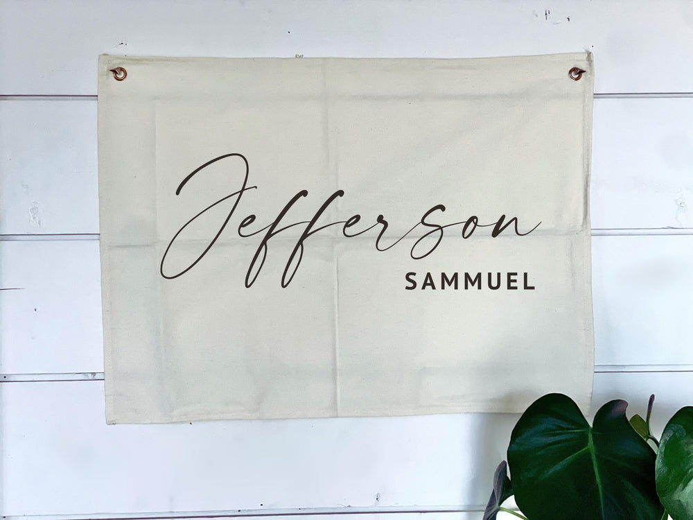 Personalized First Name Middle Boy Fabric Canvas Wall Hanging Sign Eco Friendly Banner Boho Decor  Nursery Flag Heirloom Baby Shower 7x25"
