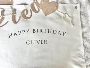 Personalized Happy Birthday Name Boy Fabric Canvas Wall Hanging Sign Eco Friendly Banner Boho Decor  Nursery Flag Heirloom Children 17x25"