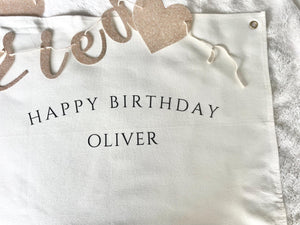 Personalized Happy Birthday Name Girl Fabric Canvas Wall Hanging Sign Eco Friendly Banner Boho Decor  Nursery Flag Heirloom Children 17x25"