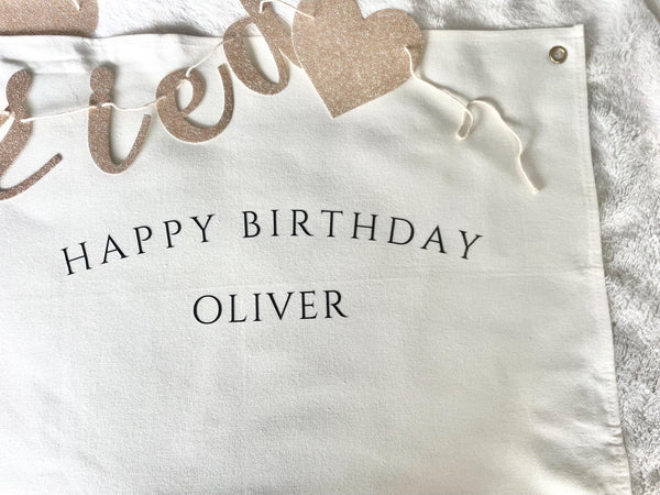 Personalized Happy Birthday Name Girl Fabric Canvas Wall Hanging Sign Eco Friendly Banner Boho Decor  Nursery Flag Heirloom Children 17x25"