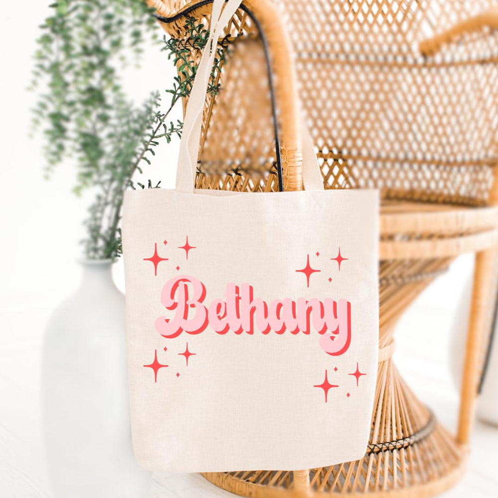 Organic Custom Name Tote Bag – Retro Red Pink Eco Friendly Gift Bag