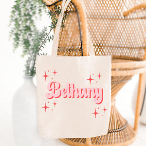 Organic Custom Name Tote Bag – Retro Red Pink Eco Friendly Gift Bag