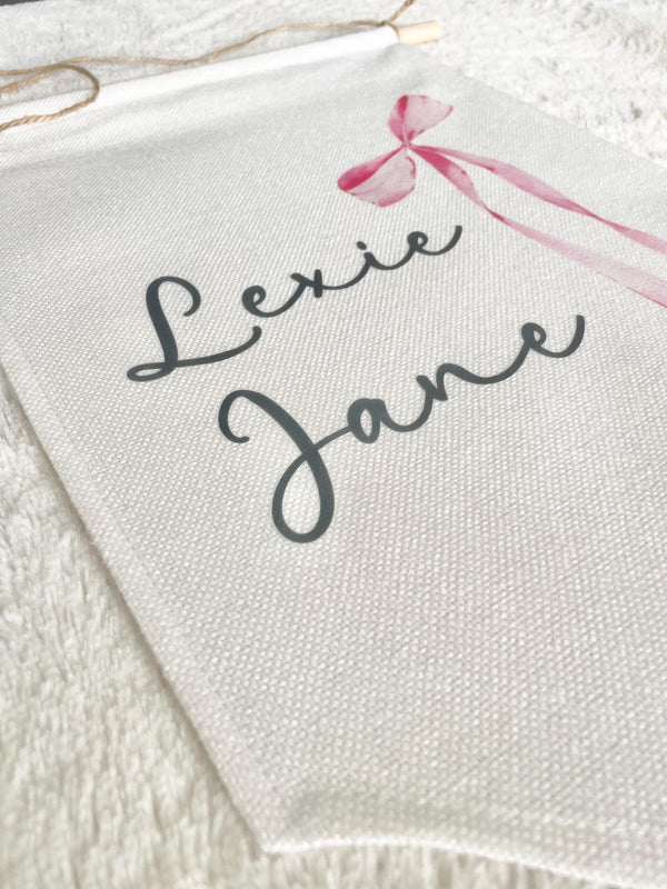 Personalized Fabric Pink Coquette Bow Canvas Wall Hanging Sign Banner Boho Custom First Name Middle Pennant Nursery Stick Wooden Baby Shower