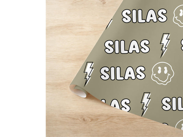 Personalized Boy Name Wrapping Paper Baby Shower Gift Wrap New Baby Wrapping Custom Name Lighting Bolt Smiley Face Retro Sage Green Military