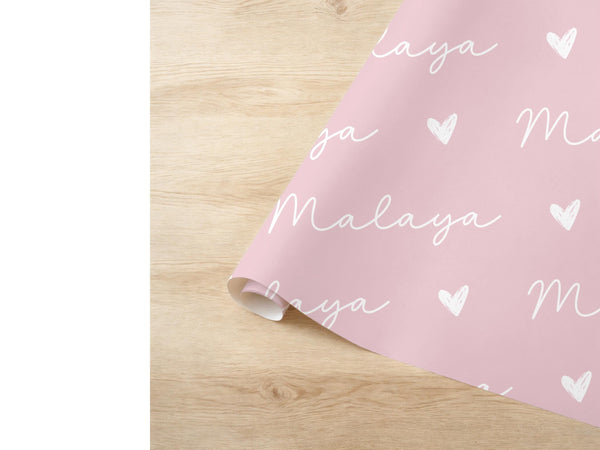 Personalized Girl Name Wrapping Paper Baby Shower Gift Wrap New Baby Wrapping Birthday Custom Name Dusty Pink Heart Minimalist Elegant Paper