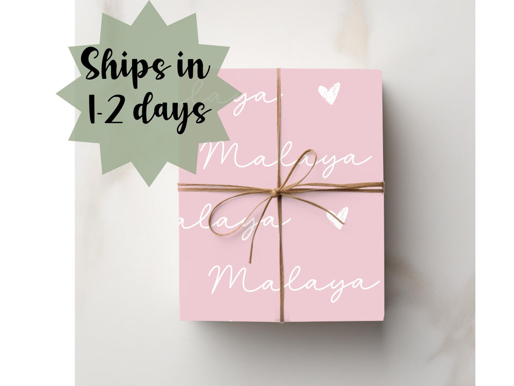 Personalized Girl Name Wrapping Paper Baby Shower Gift Wrap New Baby Wrapping Birthday Custom Name Dusty Pink Heart Minimalist Elegant Paper