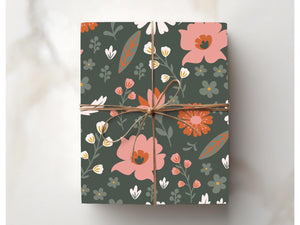 Forest Green Wildflower Wrapping Paper Floral Pattern Gift Wrap Special Occasion Nature Inspired Packaging Birthday Wedding Greenery Print