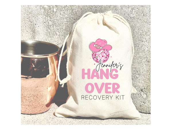 Personalized Bridal Party Hangover Kit Bag Custom Name Bachelorette Disco Pink Goodie Bag Birthday Trip Girls Recovery Kit Survival Cowgirl
